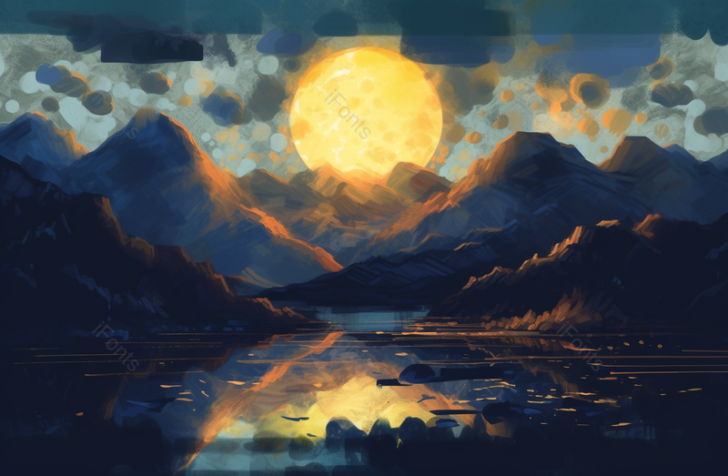 写意满月山川湖泊倒影印象主义插画,插画/手绘图,插画/手绘图库,插画/手绘图下载,插画/手绘